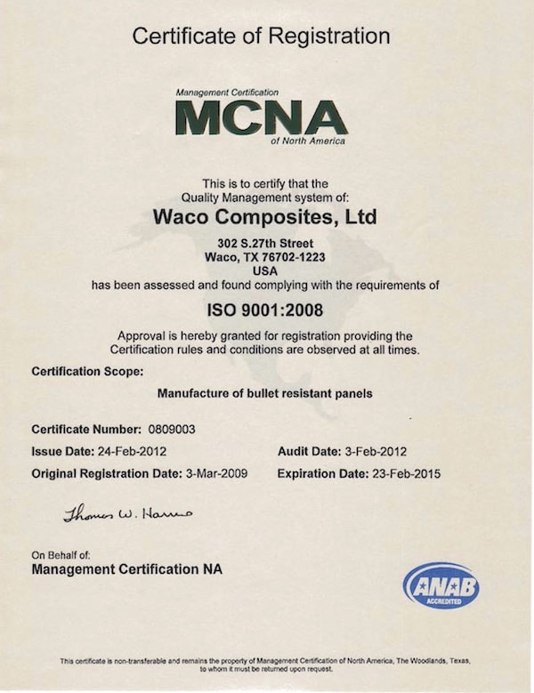 Waco Composites Certified As ISO 9001:2008 Compliant
